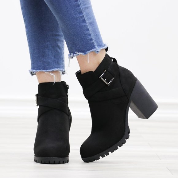 Faux Suede Black Lug Sole Ankle Boots - Picture 10 of 14